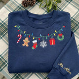 Embroidered Christmas Lights Garland Sweatshirt, Custom Holiday Ornaments Crewneck