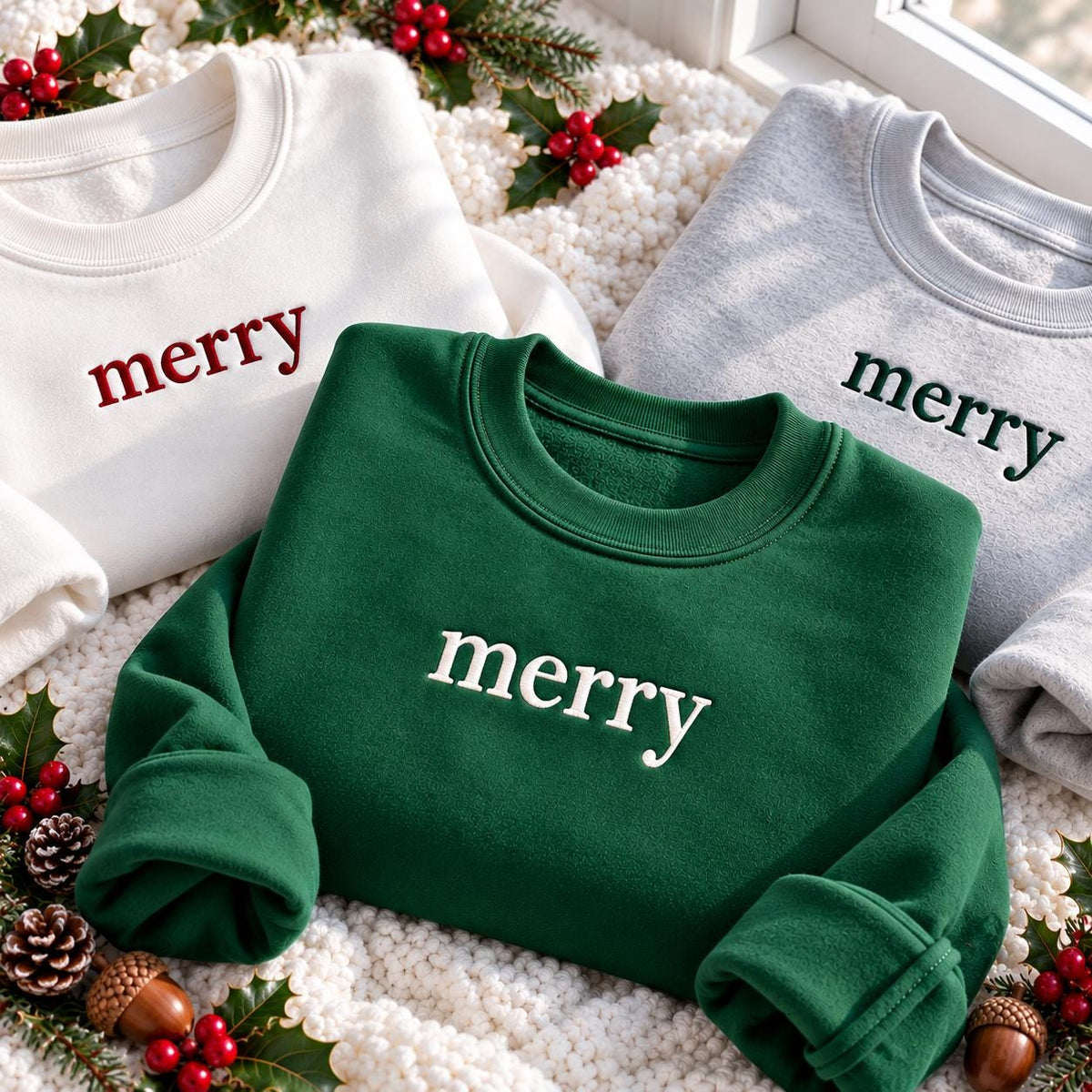 Minimalist Merry Word Christmas Embroidered Sweatshirt, Simple Cute Festive Crewneck