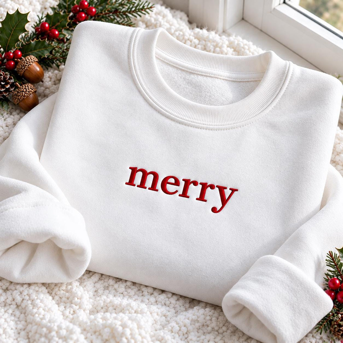 Minimalist Merry Word Christmas Embroidered Sweatshirt, Simple Cute Festive Crewneck