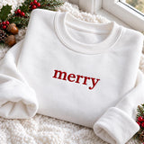 Minimalist Merry Word Christmas Embroidered Sweatshirt, Simple Cute Festive Crewneck
