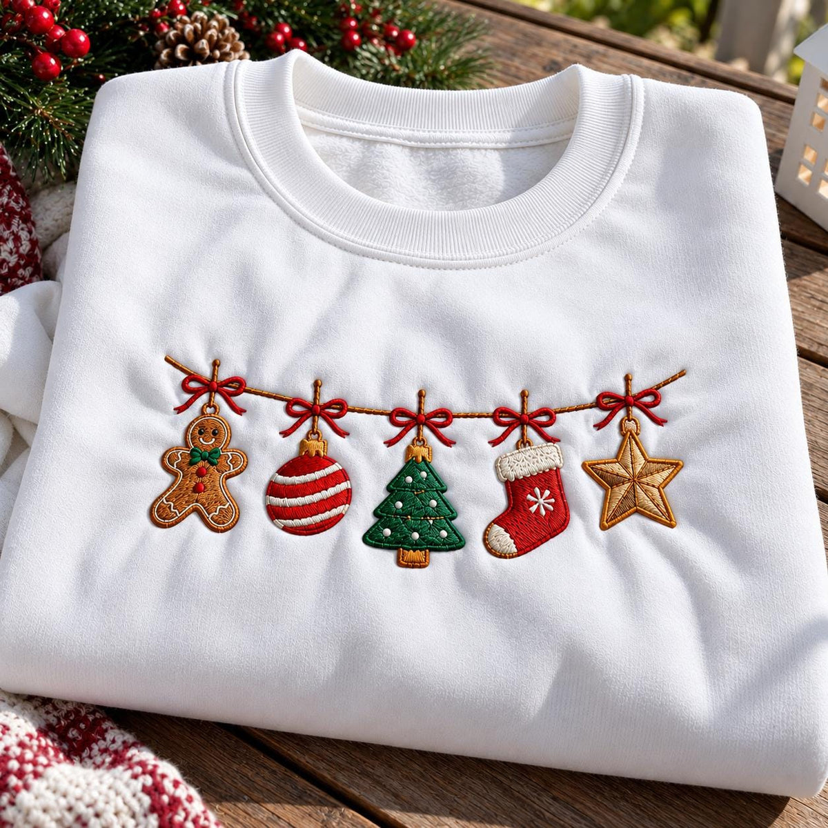 Christmas Garland Bow Embroidered Sweatshirt, Gingerbread Tree Stocking Holiday Crewneck