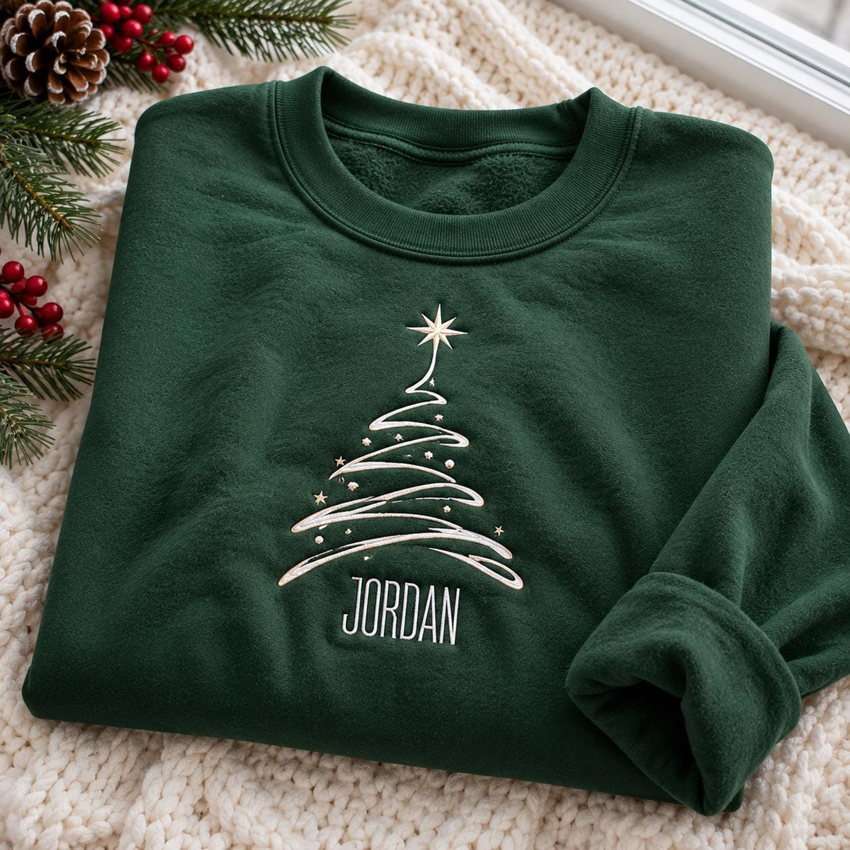 Christmas Tree Family Name Embroidered Sweatshirt, Custom Matching Holiday Crewneck