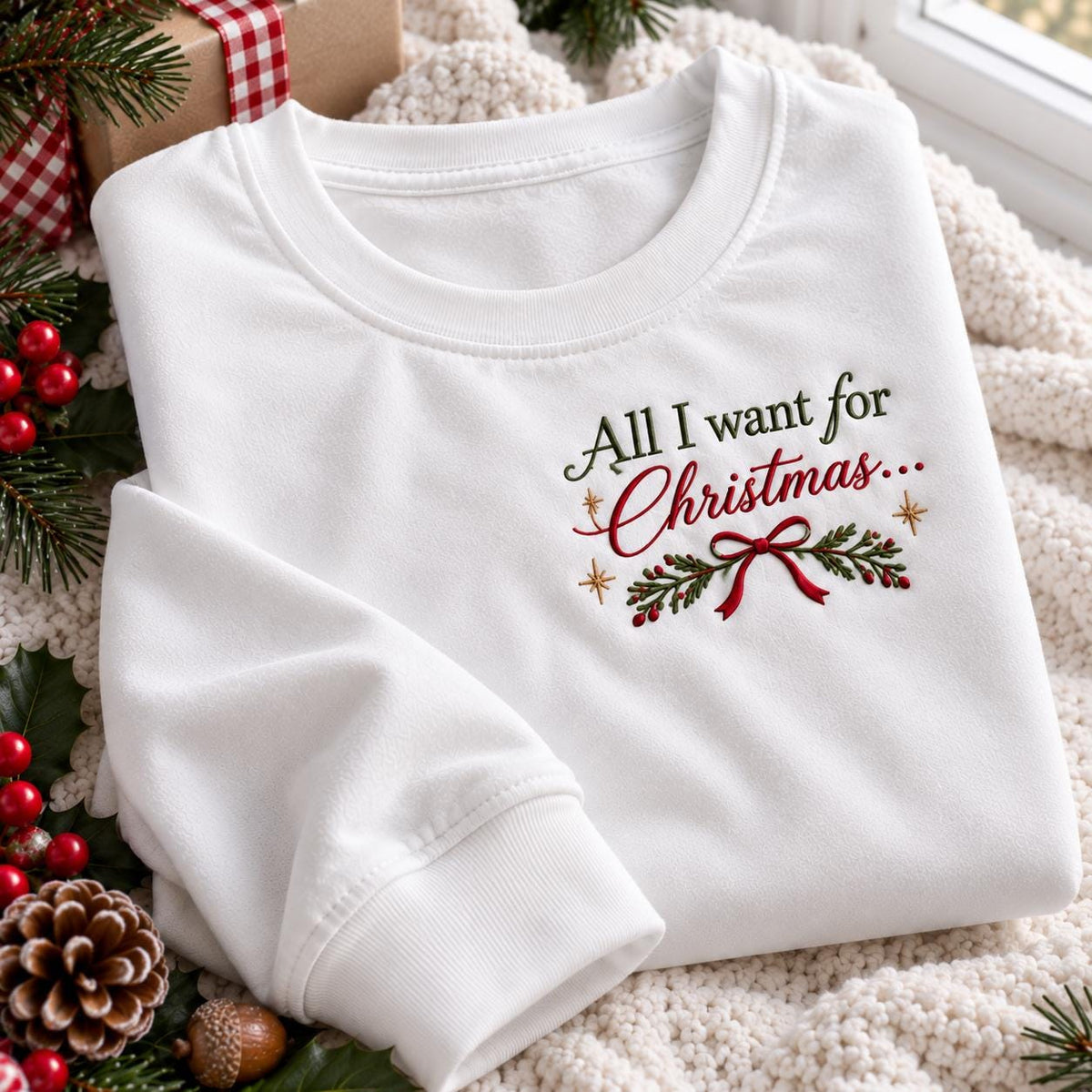 All I Want For Christmas Is You Embroidered Sweatshirt, Bow Matching Couple Crewneck