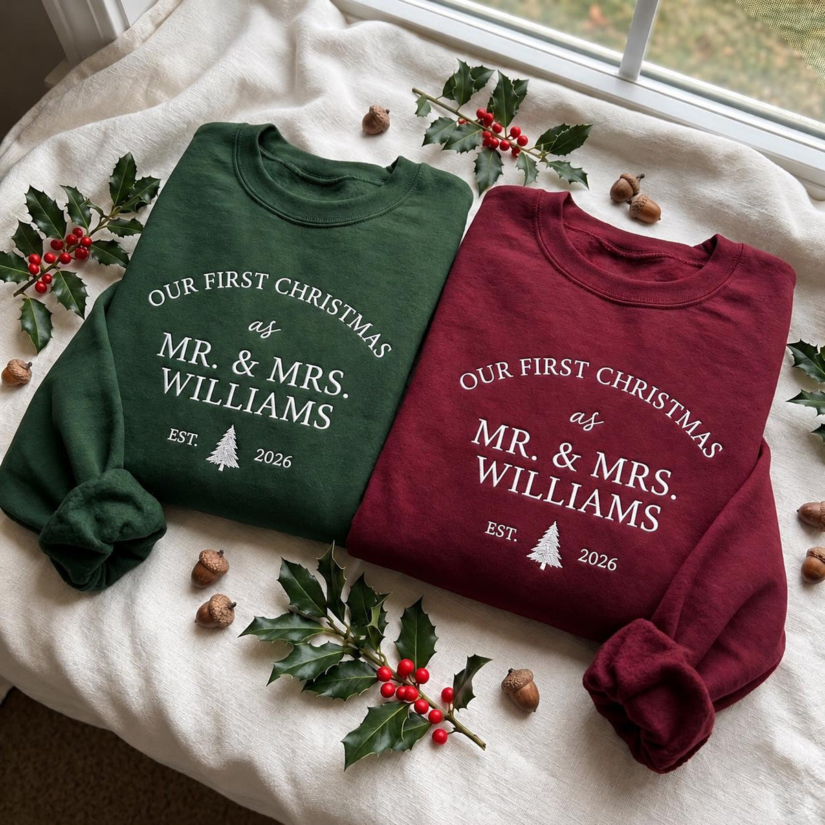 Our First Christmas Mr And Mrs Embroidered Sweatshirt, Custom Newlywed Holiday Crewneck