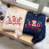 Embroidered Christmas L&D Teddy Bear Sweatshirt, Custom Name Sleeve Labor and Delivery Gingham Nurse Shirt, LND Nurse Gift, Xmas Crewneck