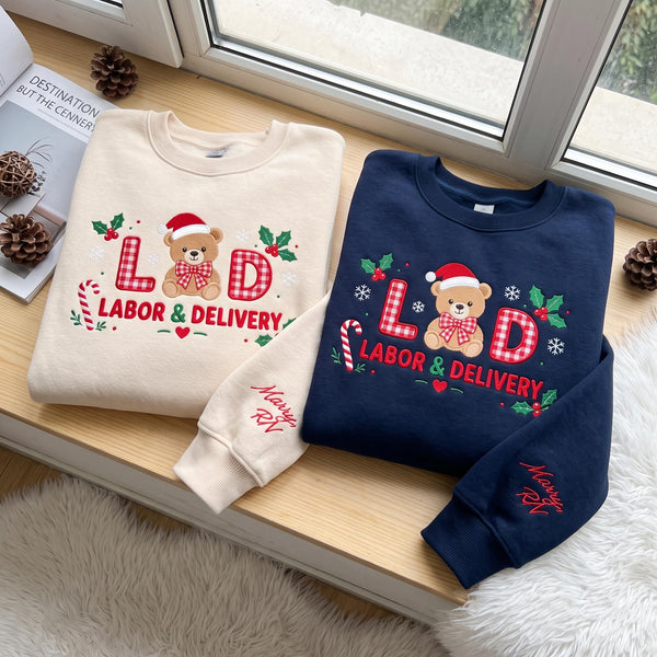 Embroidered Christmas L&D Teddy Bear Sweatshirt, Custom Name Sleeve Labor and Delivery Gingham Nurse Shirt, LND Nurse Gift, Xmas Crewneck