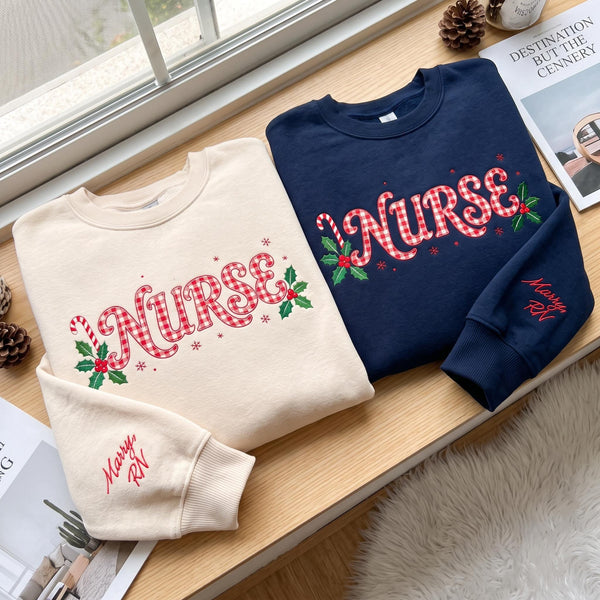 Embroidered Christmas Nurse Sweatshirt, Custom Name Sleeve Candy Cane Gingham Nurse Shirt, RN Xmas Gift, Healthcare Worker Holiday Crewneck