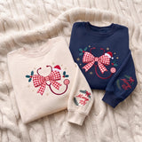 Embroidered Christmas Stethoscope Bow Sweatshirt, Custom Name Sleeve Gingham Nurse Shirt, RN Xmas Gift, Healthcare Worker Holiday Crewneck