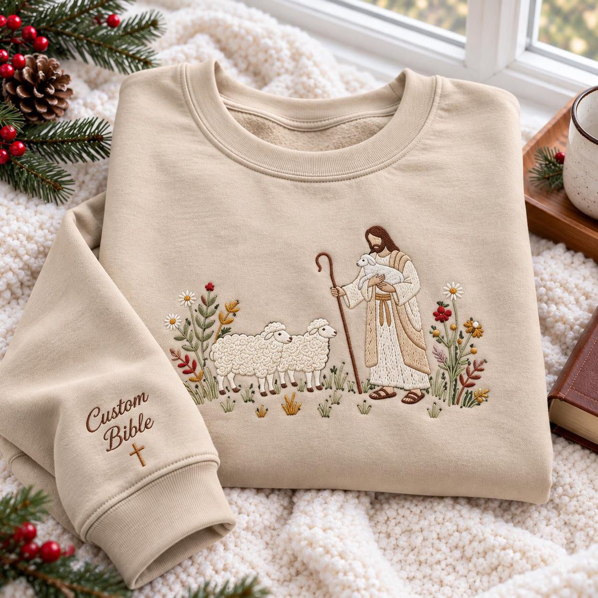 Jesus The Good Shepherd Embroidered Sweatshirt, Custom Bible Verse Lamb Faith Crewneck