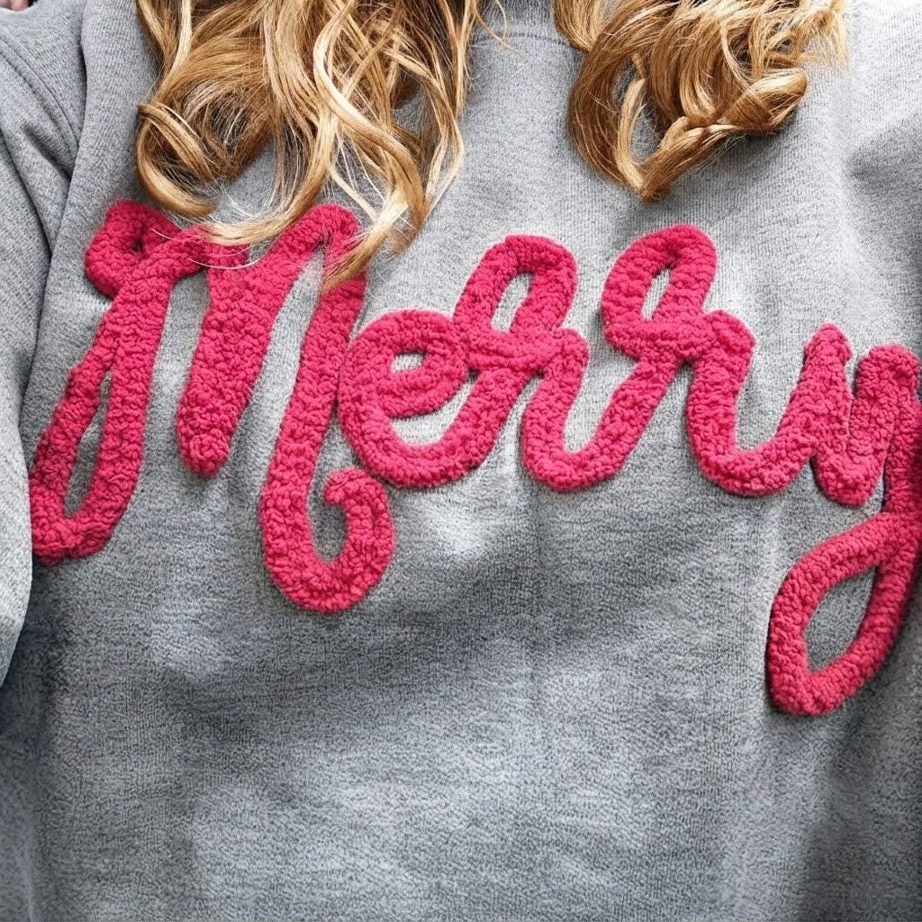 Custom Text Christmas Sleeve Holly Sweatshirt, Personalized Loop Yarn Chenille Crewneck