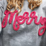 Custom Text Christmas Sleeve Holly Sweatshirt, Personalized Loop Yarn Chenille Crewneck