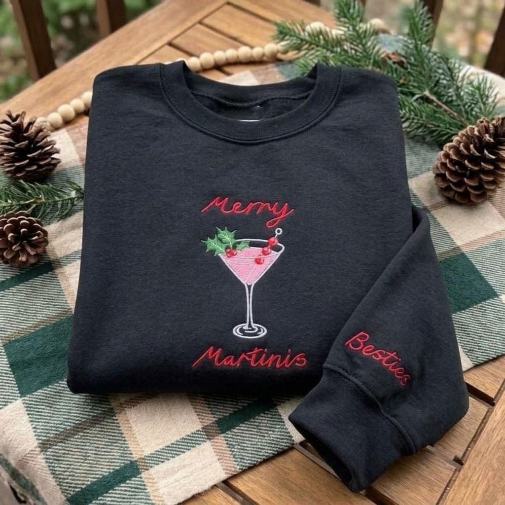 Custom Merry Martinis Christmas Sweatshirt, Festive Cocktail Winter Party Gift Crewneck