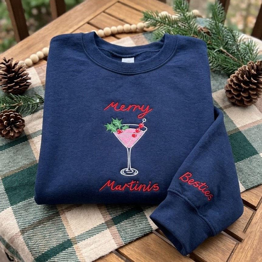 Custom Merry Martinis Christmas Sweatshirt, Festive Cocktail Winter Party Gift Crewneck