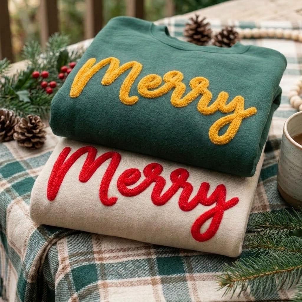 Custom Merry Script Embroidered Sweatshirt, Fluffy Lettering Christmas Holiday Crewneck