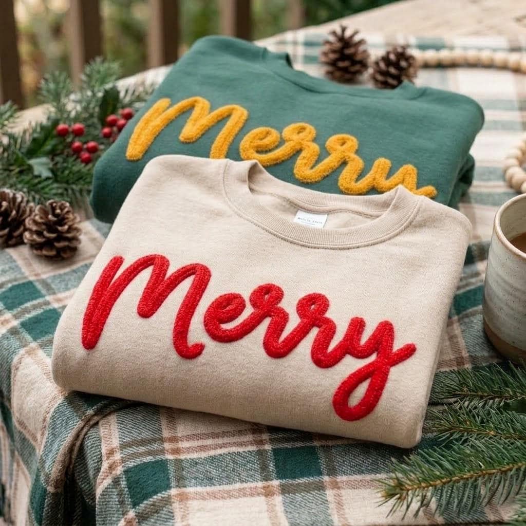 Custom Merry Script Embroidered Sweatshirt, Fluffy Lettering Christmas Holiday Crewneck