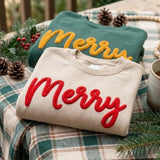 Custom Merry Script Embroidered Sweatshirt, Fluffy Lettering Christmas Holiday Crewneck