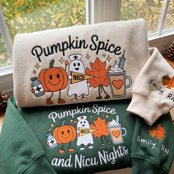 Custom Embroidered Pumpkin Spice And Nicu Nights Sweatshirt, Cute Autumn NICU Nurse Crewneck, Personalized Name Sleeve Nurse Gift