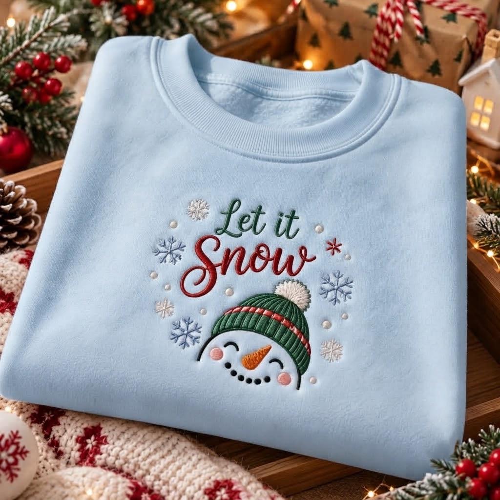 Let It Snow Green Hat Snowman Christmas Sweatshirt, Festive Winter Embroidered Crewneck