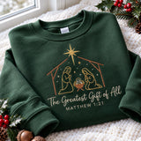 The Greatest Gift Matthew 1 21 Embroidered Sweatshirt, Nativity Bible Verse Crewneck
