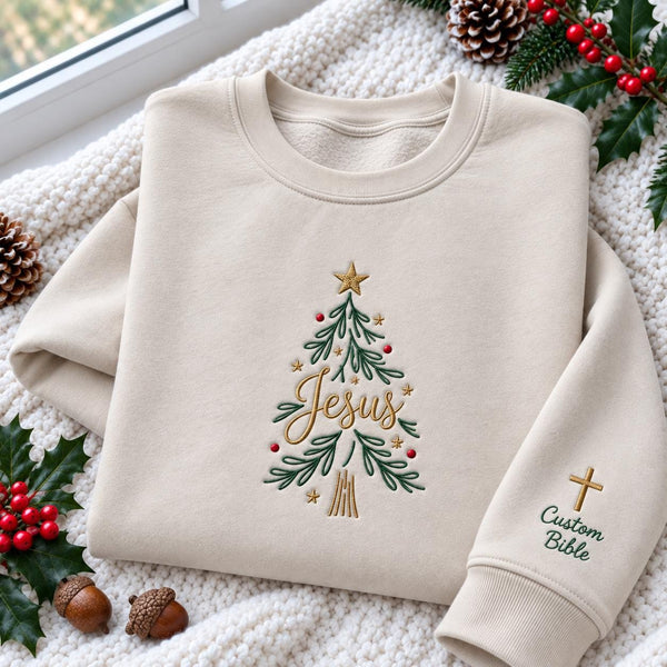Personalized Jesus Tree Embroidered Sweatshirt, Custom Bible Verse Faith Holiday Crewneck