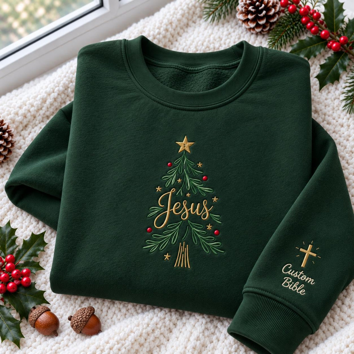 Personalized Jesus Tree Embroidered Sweatshirt, Custom Bible Verse Faith Holiday Crewneck