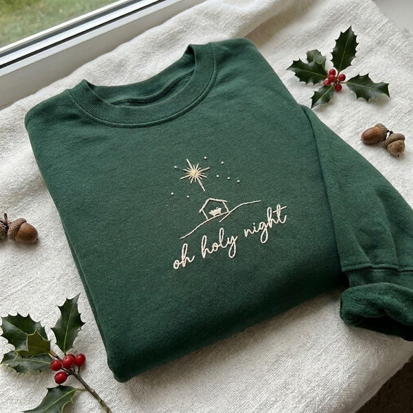 Oh Holy Night Nativity Embroidered Sweatshirt, Christian Star Faith Holiday Crewneck
