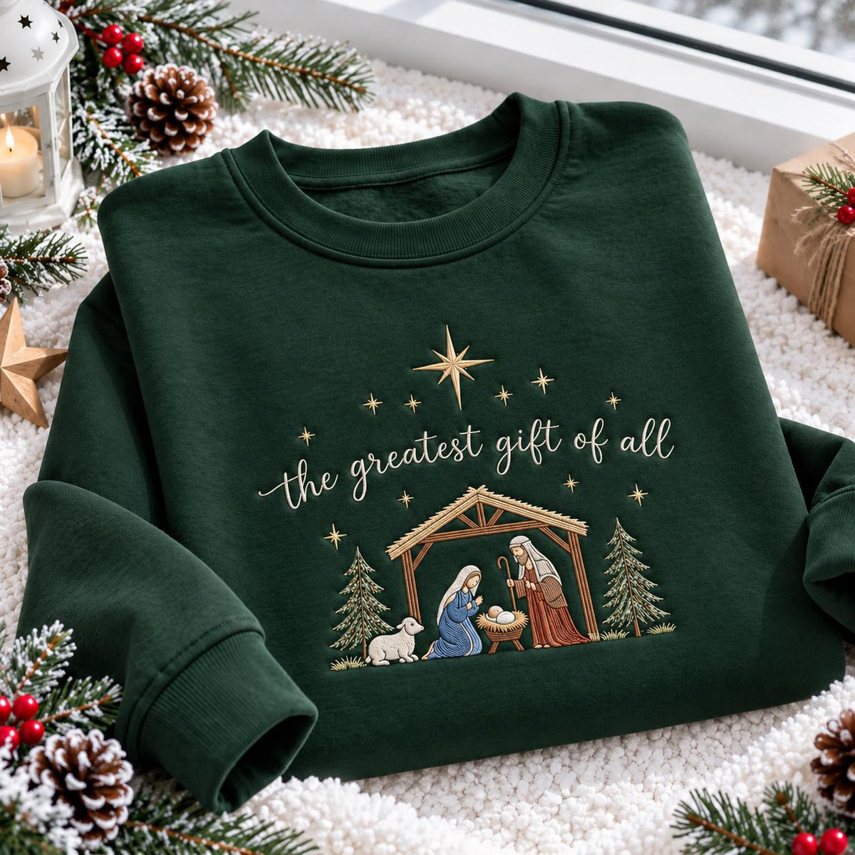 The Greatest Gift Christmas Embroidered Sweatshirt, Nativity Stable Family Faith Crewneck