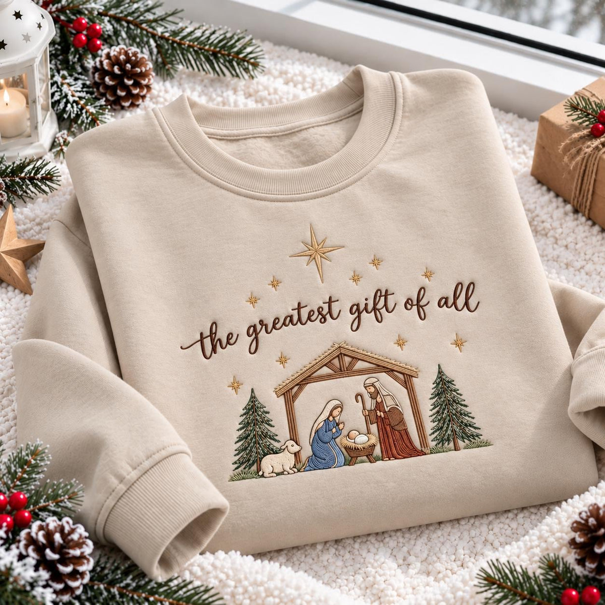 The Greatest Gift Christmas Embroidered Sweatshirt, Nativity Stable Family Faith Crewneck