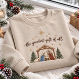 The Greatest Gift Christmas Embroidered Sweatshirt, Nativity Stable Family Faith Crewneck