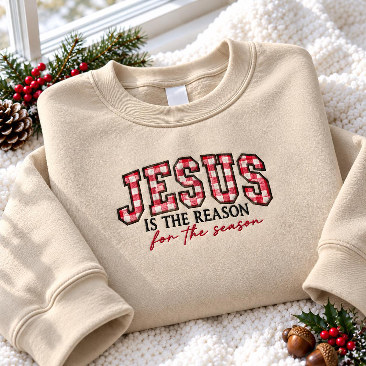 Jesus Is The Reason Embroidered Sweatshirt, Custom Applique Gingham Christian Crewneck