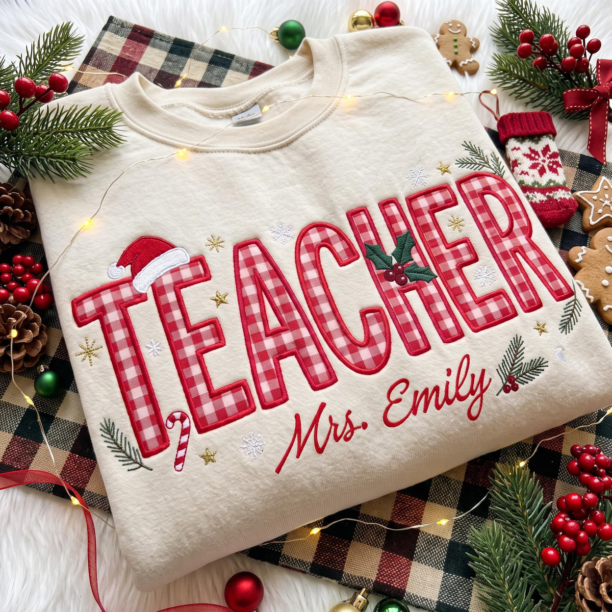 Embroidered Christmas Custom Name Teacher Sweatshirt, Personalized Gingham Santa Hat Teacher Shirt, Festive Holiday School Gift Crewneck