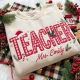 Embroidered Christmas Custom Name Teacher Sweatshirt, Personalized Gingham Santa Hat Teacher Shirt, Festive Holiday School Gift Crewneck