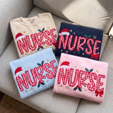 Embroidered Christmas Nurse Sweatshirt, Custom Ggingham Red Ribbon Santa Hat Nurse Shirt, RN Xmas Gift, Healthcare Worker Holiday Crewneck
