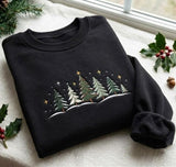 Green Pine Trees Starry Night Christmas Sweatshirt, Floral Patchwork Embroidered Crewneck