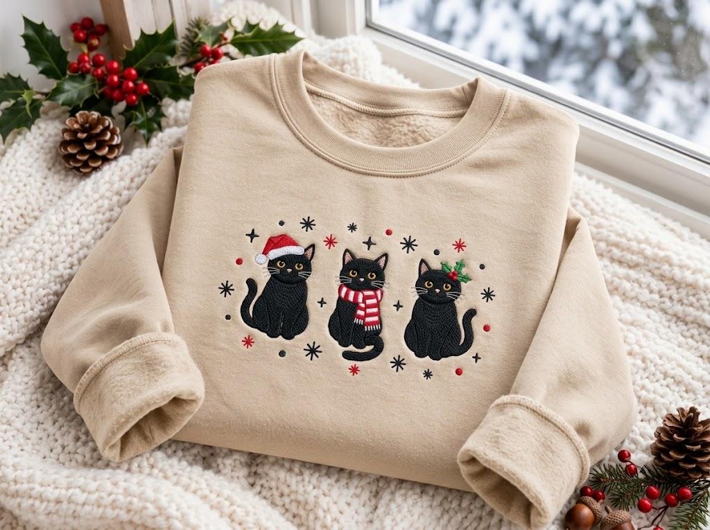 Three Black Cats Santa Hat Christmas Sweatshirt, Festive Green Embroidered Crewneck