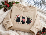 Three Black Cats Santa Hat Christmas Sweatshirt, Festive Green Embroidered Crewneck