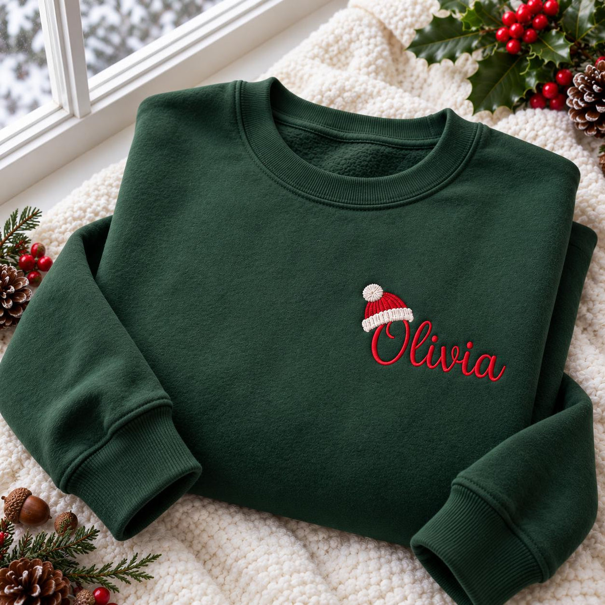 Custom Name Santa Hat Christmas Sweatshirt, Personalized Family Matching Xmas Crewneck