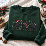 Three Crows Santa Hat Scarf Christmas Sweatshirt, Neutral Winter Embroidered Crewneck