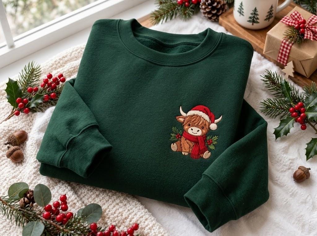 Highland Cows Santa Hat Scarf Christmas Sweatshirt, Festive Green Holiday Embroidered Crewneck
