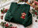 Highland Cows Santa Hat Scarf Christmas Sweatshirt, Festive Green Holiday Embroidered Crewneck