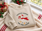 Festive Goose On The Loose Christmas Sweatshirt, Green Winter Holiday Embroidered Crewneck