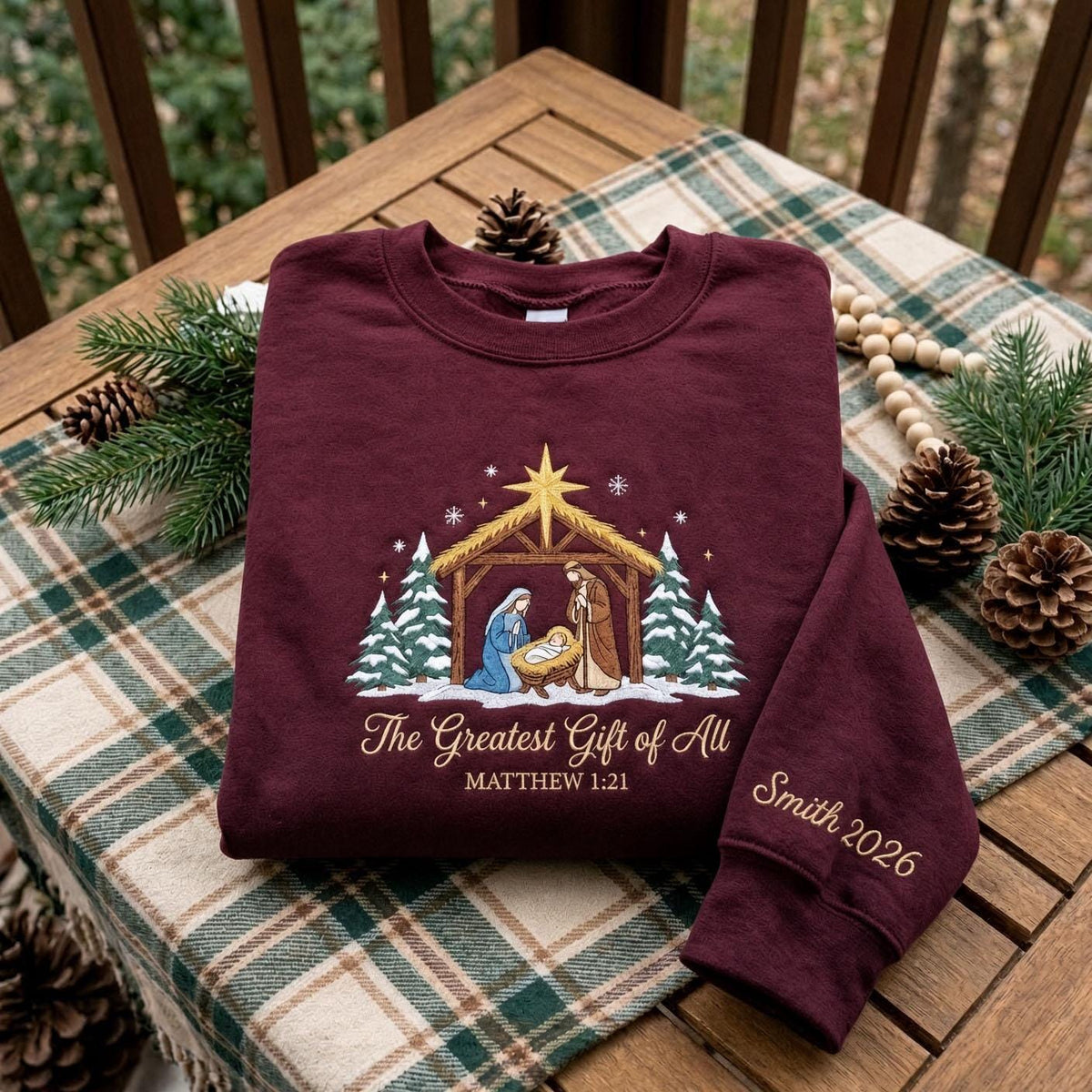 Embroidered Nativity Trees Christmas Sweatshirt, Custom Family Name on Sleeve Crewneck