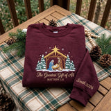 Embroidered Nativity Trees Christmas Sweatshirt, Custom Family Name on Sleeve Crewneck
