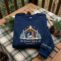 Embroidered Nativity Trees Christmas Sweatshirt, Custom Family Name on Sleeve Crewneck