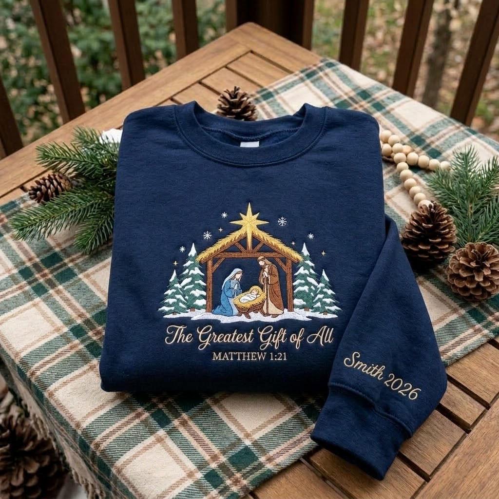 Embroidered Nativity Trees Christmas Sweatshirt, Custom Family Name on Sleeve Crewneck