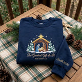 Embroidered Nativity Trees Christmas Sweatshirt, Custom Family Name on Sleeve Crewneck