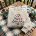 Embroidered Christian Tree Christmas Sweatshirt, Adore Him Custom Sleeve Crewneck