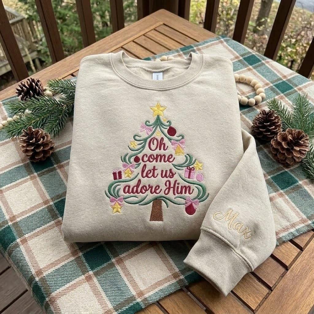 Embroidered Christian Tree Christmas Sweatshirt, Adore Him Custom Sleeve Crewneck