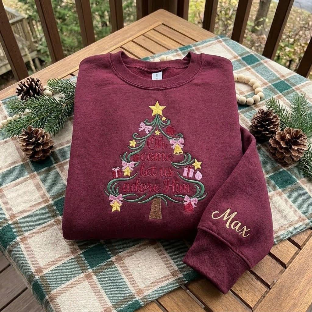Embroidered Christian Tree Christmas Sweatshirt, Adore Him Custom Sleeve Crewneck