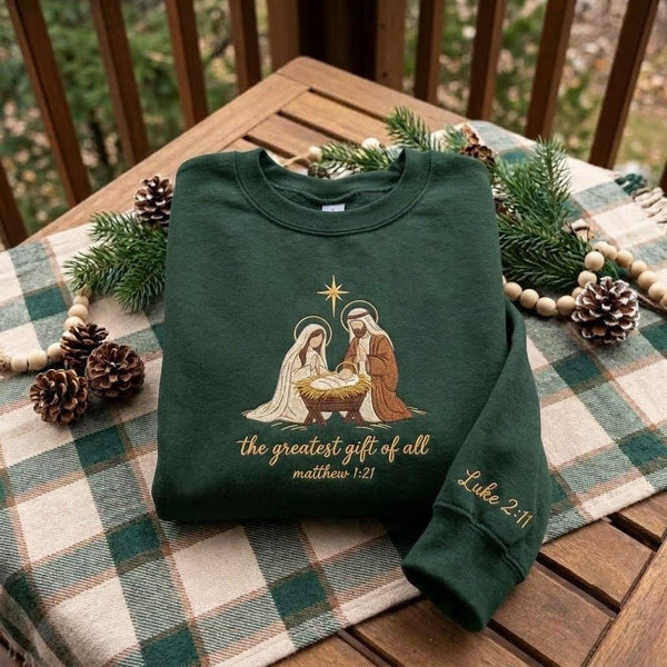 Embroidered Holy Family Nativity Sweatshirt, Custom Sleeve Christian Christmas Crewneck